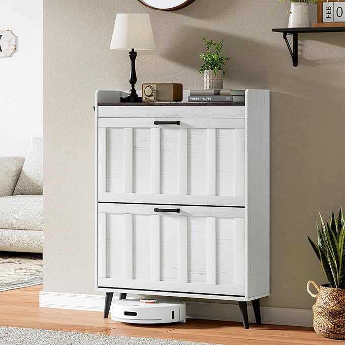 ChooChoo Shoe Storage Cabinet with 2 Flip Drawers, Freestanding Hidden Slim Narrow Shoe Rack Cabinet, Farmhouse Shoe Organizer Storage for Entryway, Antique White & Brown