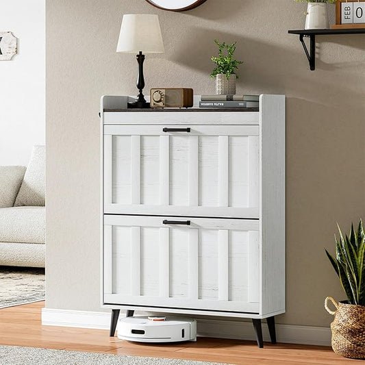 ChooChoo Shoe Storage Cabinet with 2 Flip Drawers, Freestanding Hidden Slim Narrow Shoe Rack Cabinet, Farmhouse Shoe Organizer Storage for Entryway, Antique White & Brown