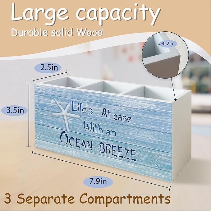 Coastal Beach Pen Pencil Holder for School Home Office Desk, Beach Decor Wooden Pencil Holder Sign Organizer for Home Office Desk Accessories, Coastal Gifts for Women Men