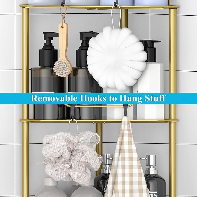 HuggieGems 4 Tier Floor Standing Corner Shower Caddy Organizer Shelf with Hooks, Bathroom Shelves Stand Rack, Gold