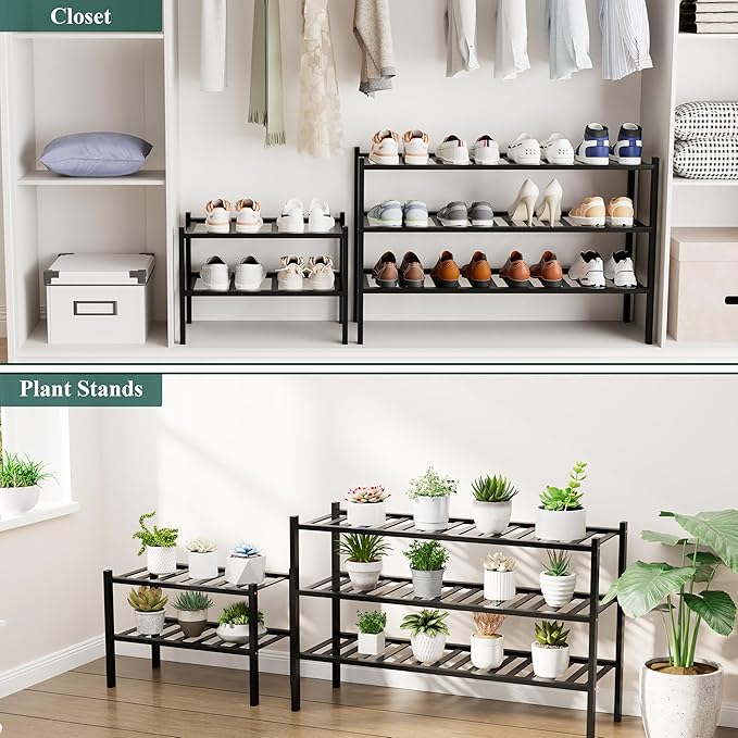 Smiry Small Bamboo Shoe Rack, 3 Tier Free Standing Wooden Shoe Organizer, Stackable Wood Shoe Storage Shelf for Closet, Entryway, 12 Vertical Slats, 2+1 Stack Standard Legs, 17.3"x11"x19.5", Black