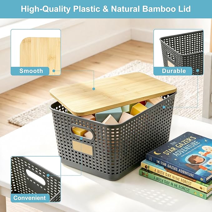2 Pack Tall Plastic Storage Bins with Bamboo Lids, Gray