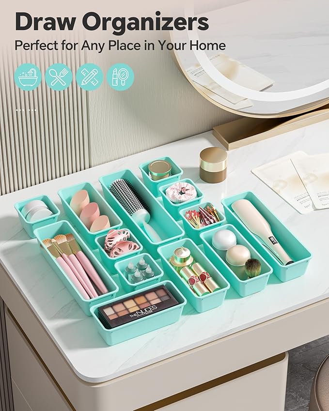 13 Pack Plastic Drawer Organizers Set, Blue
