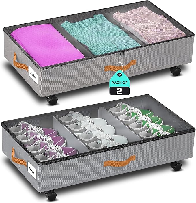 Under Bed Storage with Wheels, 2 Pack (36L Each)| Low Profile Storage Organizer with Clear Window, Double Zipper & 360° Locking Wheels – Rolling Metal Drawer for Clothes, Shoes, & More (Gray)
