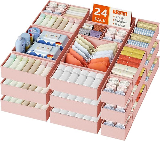 Drawer Organizer Clothes, 24 Pack Dresser Organizer, Pink