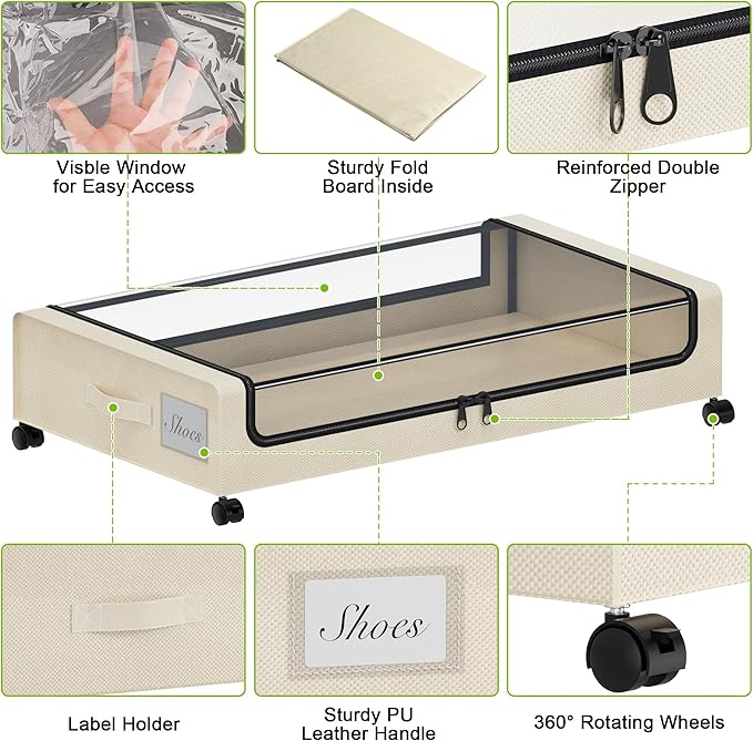 Under Bed Storage with Wheels, XXL 60L Under the Bed Storage Bins, 2-Pack Beige