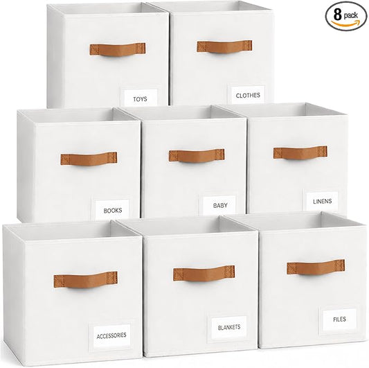 Storage Cubes 8 Pack, 11 Inch Fabric Storage Cubes Organizer Bins with Labels, Odor-Free & Sturdy PP Structure, Cubby Baskets for Closet, Shelves, Toys & Nursery (White)