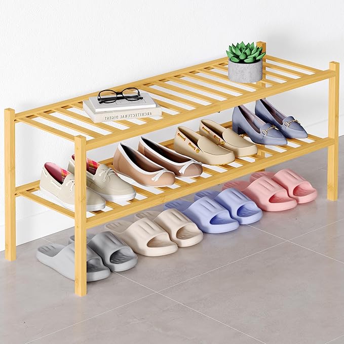 Smiry Bamboo Shoe Rack for Closet, 2 Tier Long Wooden Shoe Organizer, Stackable Wood Shoe Storage Shelf for Entryway, 14 Vertical Slats, One-piece Heavy-Duty Legs, 33.86"x11.02"x12.99", Natural