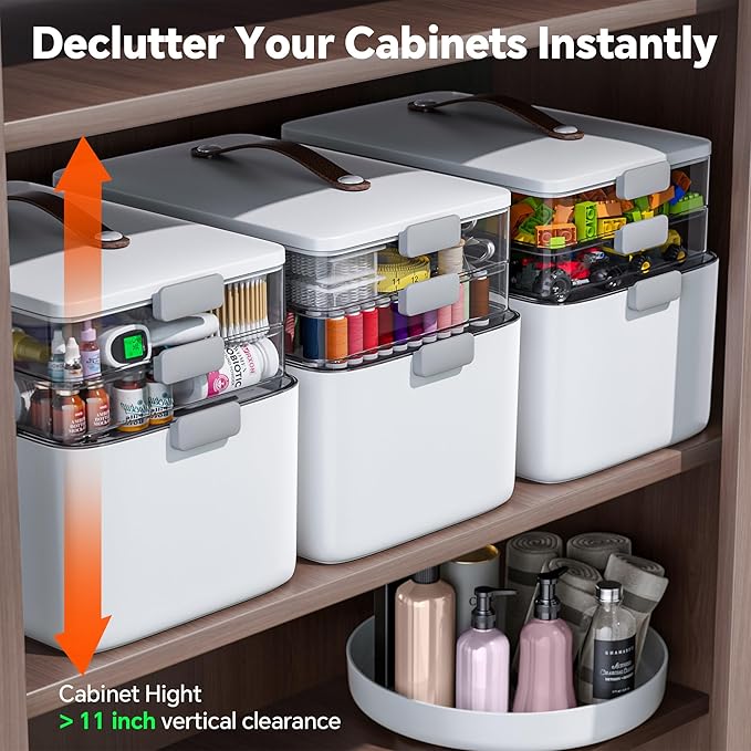 CTIME 3-Tier Medicine Organizer with Pill Case - Portable Pill Case & Empty First Aid Kit for Home, Travel, RV, School, Dorm, Ideal Elderly, Father Gift