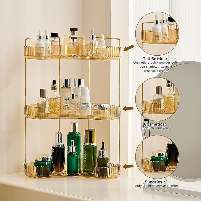 Ceruaxb 3-Tier Corner Bathroom Counter Organizer, Plastic Countertop Makeup Organizer, Large Capacity Vanity Bathroom Perfume Shelf Rack for Kitchen Office Desktop (Amber)
