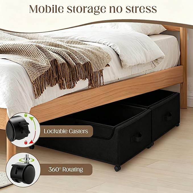 Under Bed Storage with Wheels, 2 Pack Under Bed Storage Containers, 10.6 inches Tall Underbed storage bins on Wheels, Rolling Under the Bed Metal Drawers for Clothes, Blankets, Shoes (XXXL, 90L)