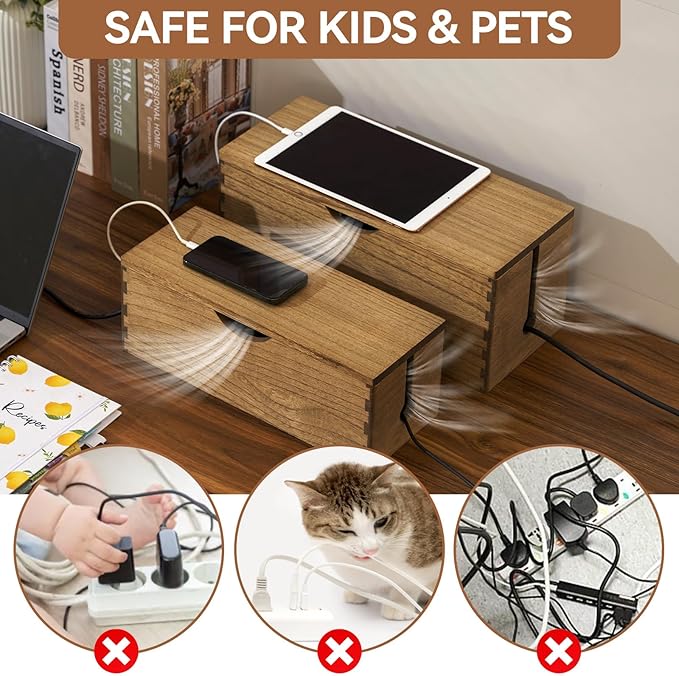 KIRIGEN Wooden Cable Management Box Set of 2 - Solid Wood Large & Small Cord Organizer Hides Power Strips, Chargers & Wires for Desk, TV Stand, Home Office Brown DXH2T-DBR