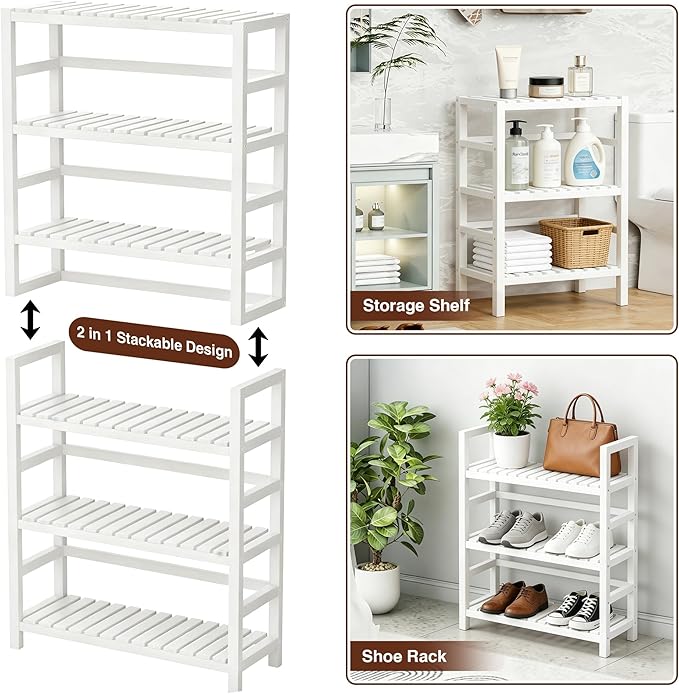 VASMIA 6-Tier Bamboo Shelf,Bamboo Storage Shelving Unit,Tall Bookcase with Adjustable Shelves,Multipurpose Storage Display Shelf for Bathroom, Living Room, Balcony, Kitchen,White