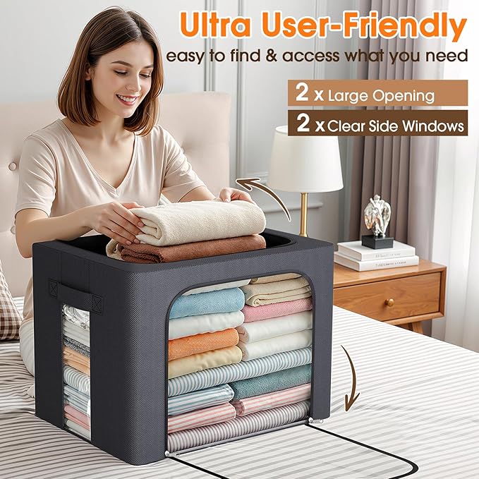 6 Pack Clothes Storage Bins with Metal Frame,40L Storage Bags Fabric Box Organizer with Clear Window,Zippers,Sturdy Handles(6 Pcs,Light Grey,40L)