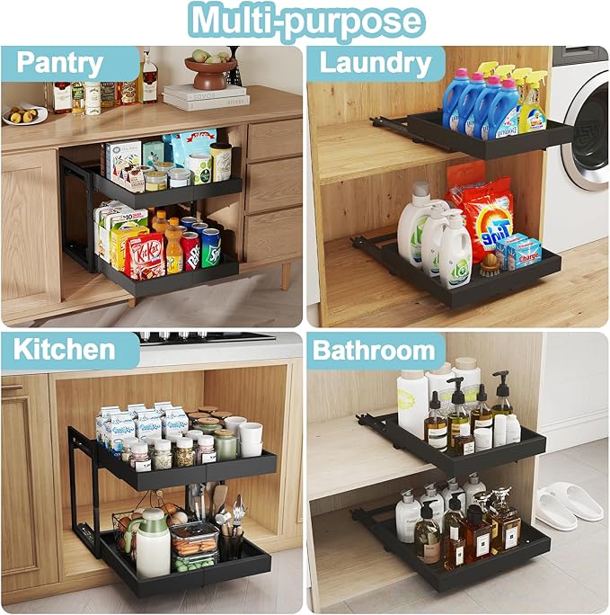 Golener 2-Tier Expandable Pull Out Cabinet Organizer - 21" Deep Pull-Out Drawers for Kitchen Cabinets, 2 Slide Home Storage Organizers, Slide Out Shelves for Base Cabinet Organization in Kitchen,Black