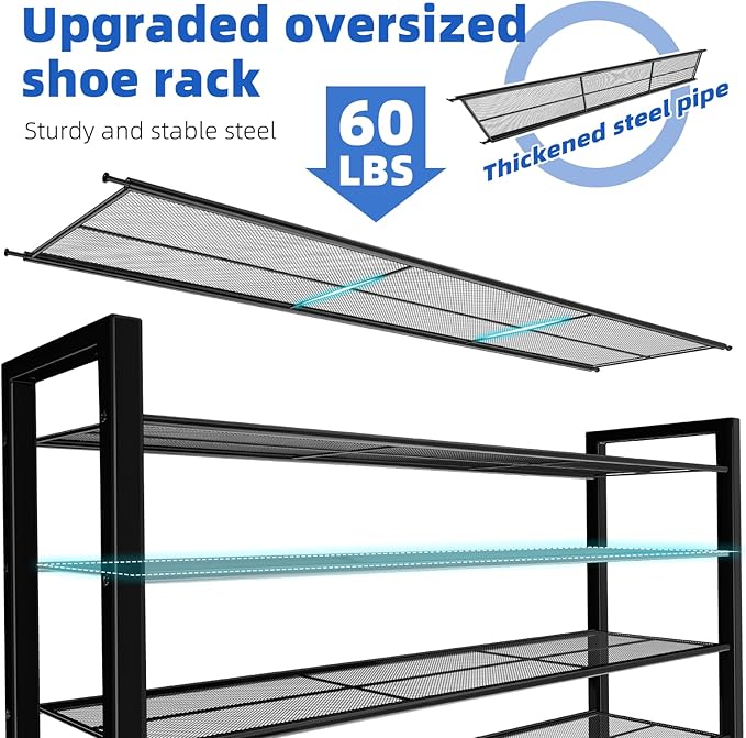 Simple Trending 12 Tier Shoe Rack Holds 60 Pairs, Sturdy Tall Shoe Organizer, Heavy Duty Large Metal Stackable Shoe Shelf for Entryway, Closet, Bedroom, Black