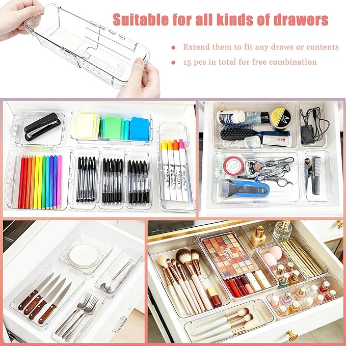 15 Pcs Extendable Drawer Organizer, 2 Sizes Adjustable Makeup Organizer For Drawer, Bathroom Drawer Organizer Tray, Clear Acrylic Vanity Storage Bin for Makeup, Cosmetic, Desk Drawer Organizer