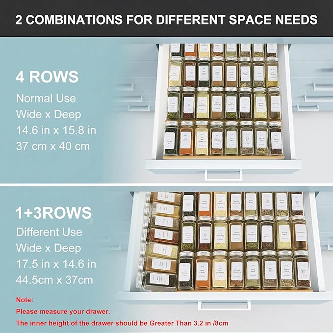 Spice Drawer Organizer with 35 Spice Jars,216 Labels,25 Non-slip Rubber, Bamboo 4 Tier Seasoning Rack Tray Insert for Kitchen Drawers,Cabinets,Countertop,14.6" Wide x 15.8" Deep