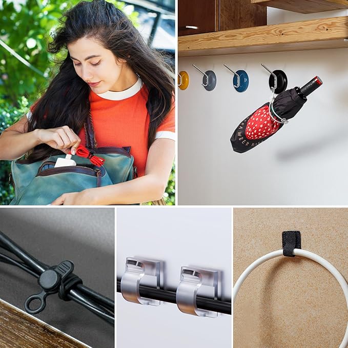 48Pcs Cord Organizer Kit, Reusable Silicone Cable Ties, Strong Adhesive Cable Clips for Cable Management, Multipurpose Wire Management for Bundling and Fastening Various Wires (Black, White)