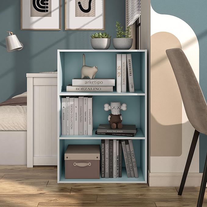 Homes: Inside + Out Apexa 3-Tier Cube Storage Organizer Shelves, Stackable Wood Bookcase Fits Cubby Bins for Organization, Dorm Teen Room Decor & Home Office, Light Blue
