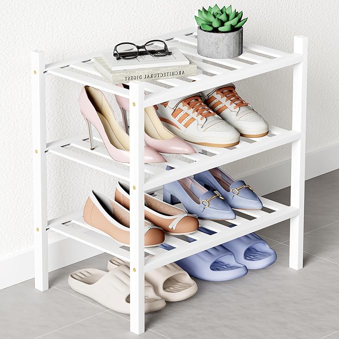 Smiry Bamboo Shoe Rack for Closet, 3 Tier Small Wooden Shoe Organizer, Stackable Wood Shoe Storage Shelf for Entryway, 14 Vertical Slats, One-piece Heavy-Duty Legs, 17.32"x11.02"x18.31", White