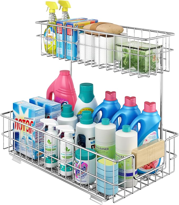 Pull Out Cabinet Organizer, Under Sink Slide Out Storage Shelf with 2 Tier Sliding Wire Drawer, Sliding Storage for Inside Kitchen Cabinet- 11.5 in. W x 21.5 in. D (Right)
