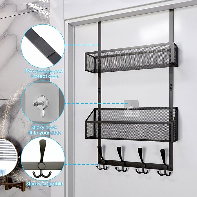 Over The Door Hooks Organizer, Black, 3-Tier