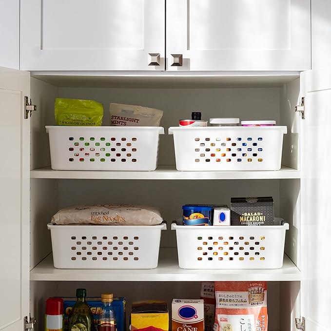 USA Plastic Basket, 4-Pack, Medium, Shelves Storage Basket for Organizing Pantry