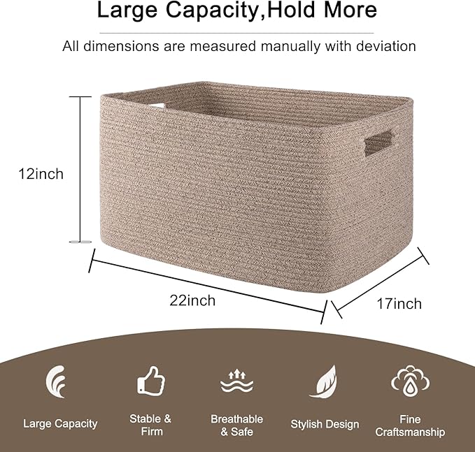OIAHOMY 75L Large Woven Cotton Rope Storage Basket with Handle for Organizing Blanket and Toys for Living Room, Nursery, Brown Variegated 22”x17”x12”