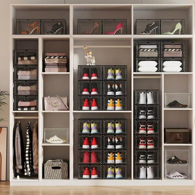 Large Black Shoe Storage Boxes Stackable, 12 Pack Hard Plastic Shoe Storage Organizer with Magnetic Door, Shoe Container Sneaker Storage Display Case Fit up to US Size 13 Black
