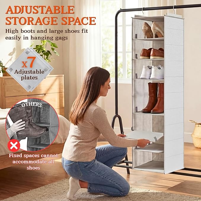 Ofiray-home Hanging Shoe Organizer for Closet, 8 Tier Closet Shoe Organizer with Adjustable Shelves for Boots, Heavy Duty Hanging Closet Organizer, Shoe Storage Organizer for Closet Rod