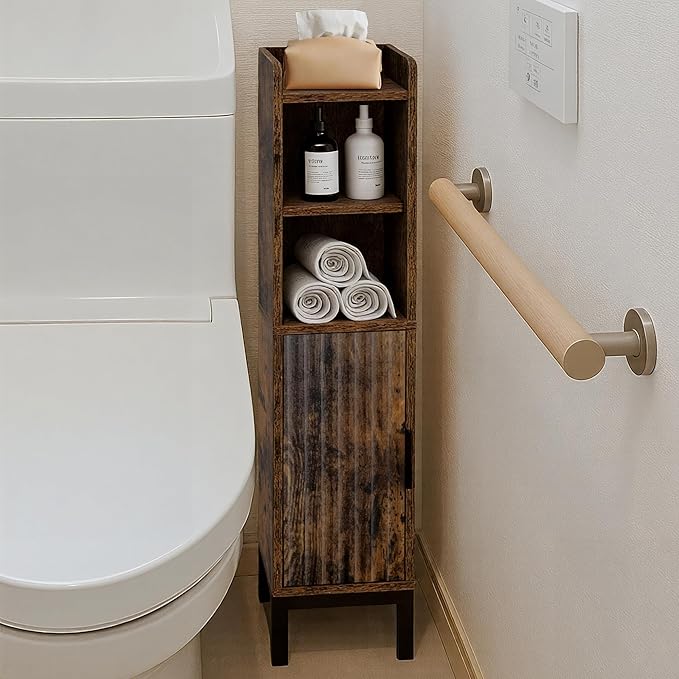 FerniTry Small Bathroom Storage Cabinet, Corner Floor Narrow Toilet Paper Cabinet with Door and Shelves,Bathroom Organizer with Adjustable Shelf, for Small Spaces (Rustic Brown)