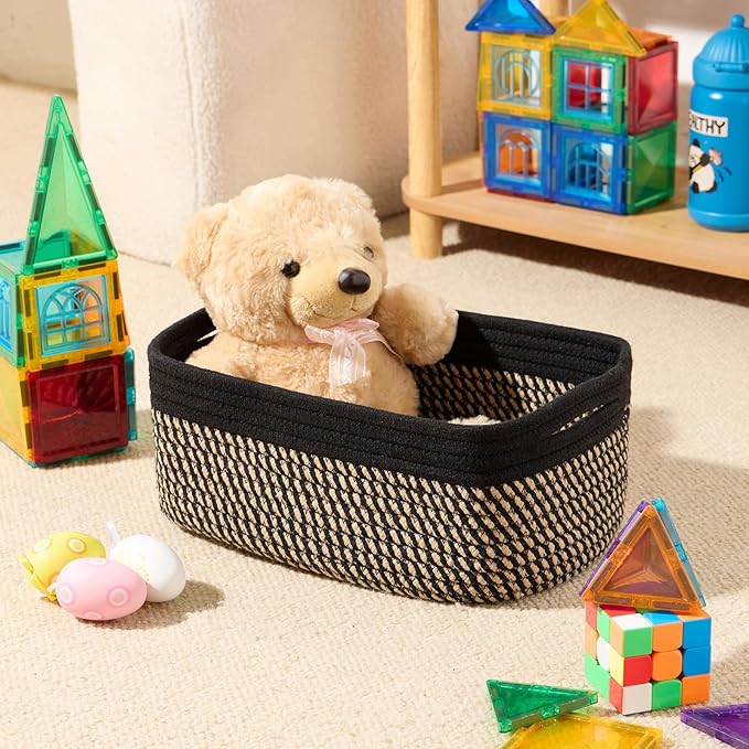 MiniArk Small Storage Baskets for Organizing | Closet Organizer Bins | Shelf Toy Basket | Woven Rope Baskets | Cube Decorative Box | Shallow Basket | 13x8.5x5.1” | 3 Packs Black Brown