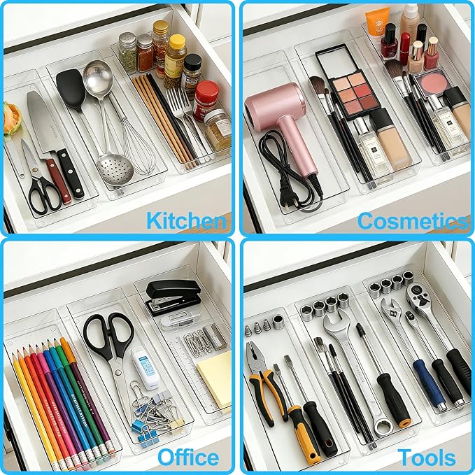 Manalete 8 Pack 15"x6" Extra Large Clear Plastic Drawer Organizer Trays, Multi-Purpose Storage Bins for Vanity, Makeup, Kitchen Utensils, Bathroom, Office Desk, Auto Tools & Craft Supplies