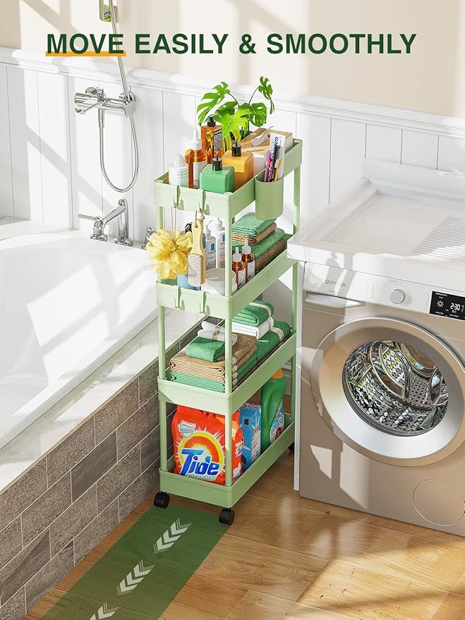 Slim Rolling Storage Cart, 7.1" W+Green