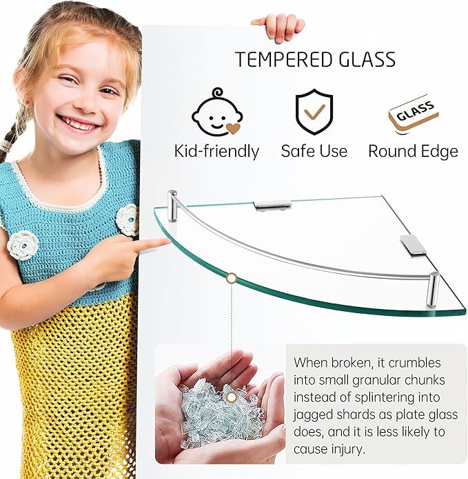 KES Glass Corner Shelf with Hooks 18/8 Stainless Steel, Tempered Glass Bathroom Corner Shelf with Rail, Shower Glass Shelf 2 Pack Wall Mounted, Polished Finish, BGS2101A-P2