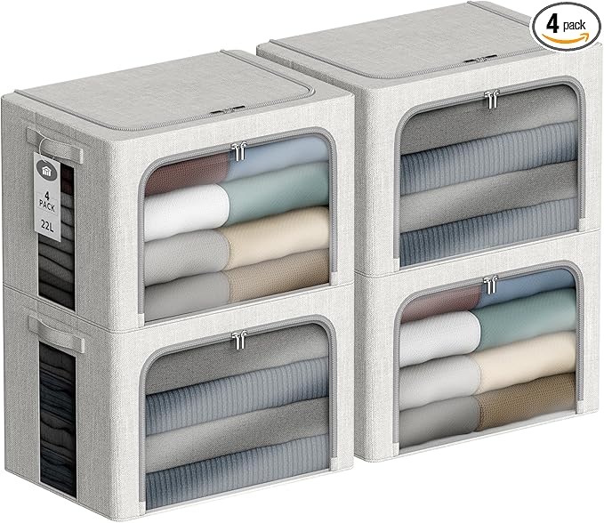 4 Pack Clothes Storage Bins with Metal Frame - 22L Stackable Storage Box with Lid，Foldable Storage Container Organizer for Clothes，Linen Fabric Storage Box with Clear Window＆Zippers＆Handles