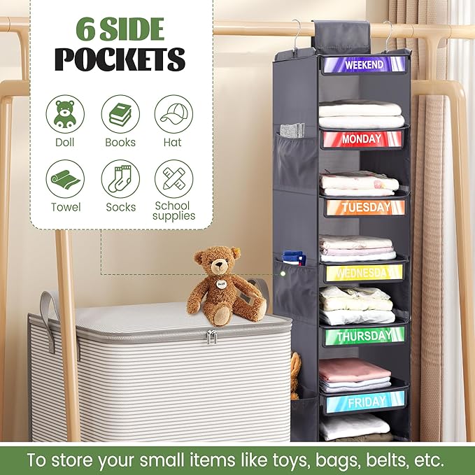 6-Shelf Weekly Clothes Organizer for Kids, Hanging Daily Closet Organization with 6 Side Pockets, Days of The Week Clothing Divider Storage for Boys and Girls (Grey)