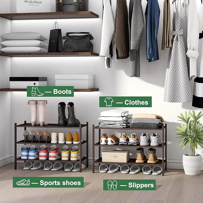 Bamboo Shoe Rack for Entryway, 3-Tier Stackable, Foldable, Natural