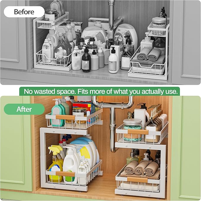 Under Sink Organizer, 2 Pack 2 Tier Expandable Height Under-Sink Bathroom Kitchen Organizers And Storage