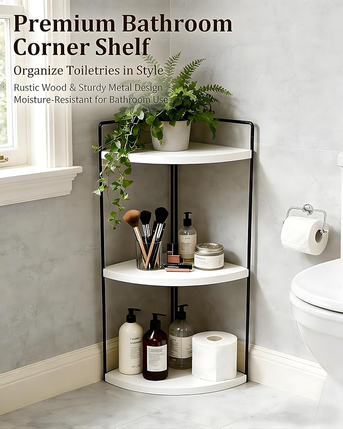 3-Tier Corner Bathroom Countertop Organizer, Solid Pine Wood Vanity Corner Shelf for Skincare & Makeup, Waterproof Standing Rack for Bathroom, Vanity, Kitchen & Dresser, Large 15.7"H, White