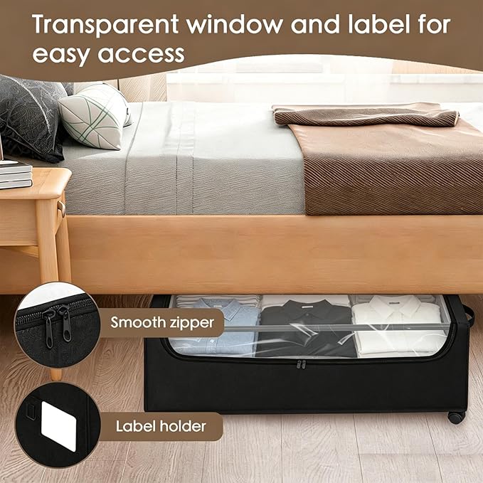 Under Bed Storage with Wheels, 2-Pack Under the Bed Storage Containers with Clear Lids & Label, Underbed Storage Bins, XXXL 85L 11 inches Rolling Metal Drawer for Clothes, Shoes, Toys, Books - Black