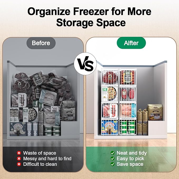 Freezer Organizer Bins, 6 Pack Stackable Deep Chest Freezer Organizer Bins, Foldable Freezer Baskets with Handles, White Freezer Storage Organizer Baskets for 7 Cu.FT Deep Freezer Sort Frozen Meats