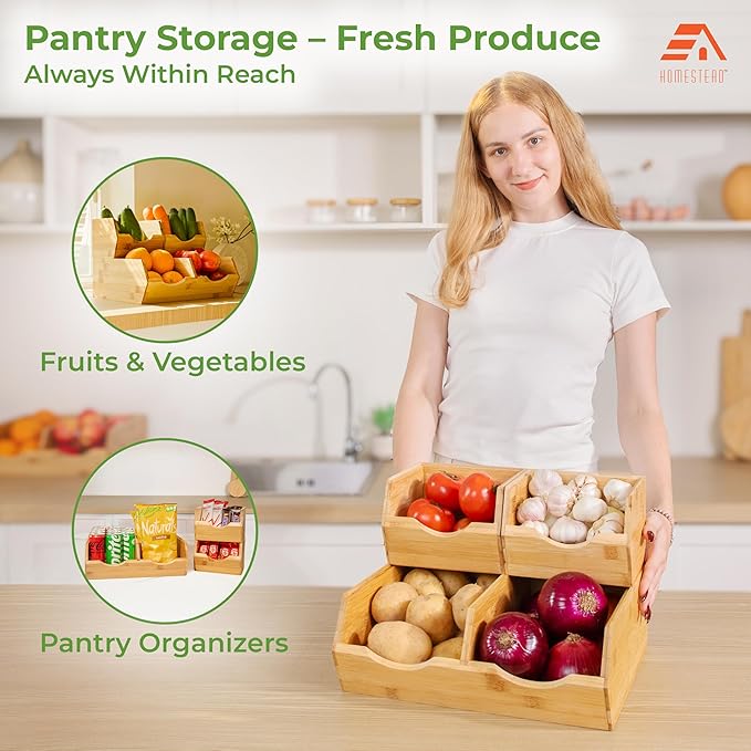 Bamboo Pantry Storage Bins, Potato & Onion Storage Bin for Pantry Organizers