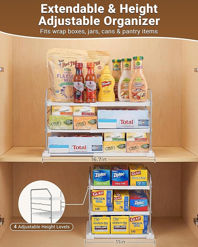 Extendable 3-Tier Kitchen Cabinet & Pantry Organizer for Plastic Wrap, Pack of 1