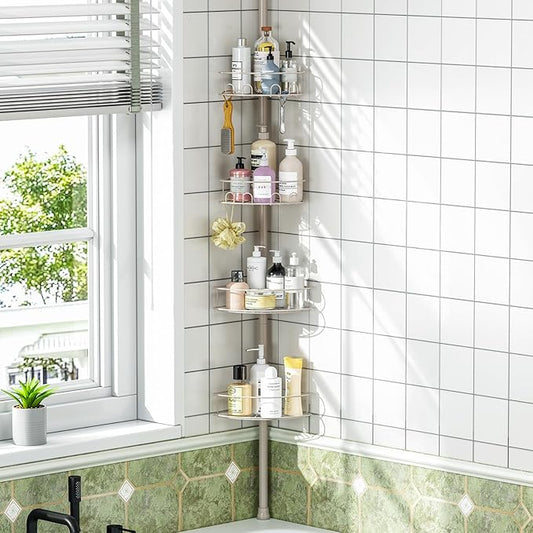 Corner Shower Caddy Tension Pole, 4 Tier Adjustable Bathroom Organizer Shelves