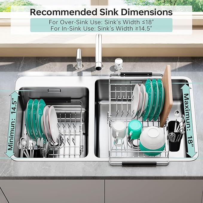 Urackify Dish Drying Rack in Sink - Stainless Steel Expandable (14.5''-18''L) Over The Sink Dish Rack with Utensil Holder, Space-Saving Dish Drainer for Kitchen Counter, Silver
