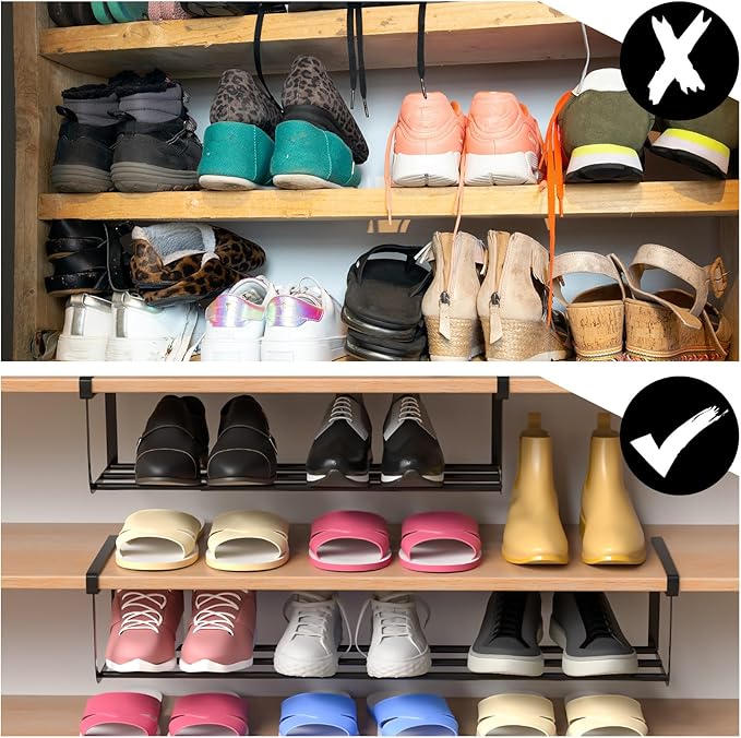 CroBlissful 2 Pcs Expandable Shoe Rack Organizer for Closet 16.5-31.5 Inch Adjustable Retractable Hanging Cabinet Shoe Shelf Dorm Room Storage for Space Saving (Black)