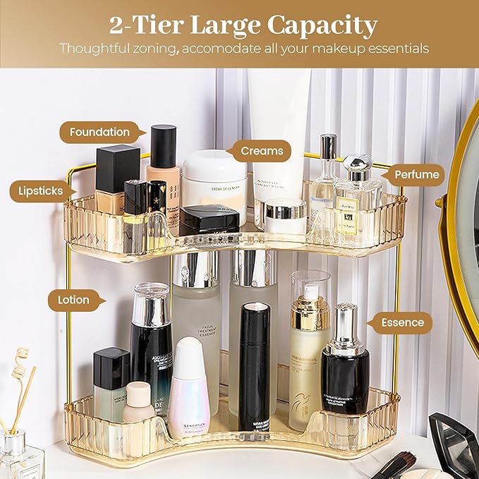 Aveniee Corner Bathroom Counter Organizer, Bathroom Countertop Shelf Makeup Organizer for Vanity Perfume Tray for Corner Storage (2 Tiers, Gold)