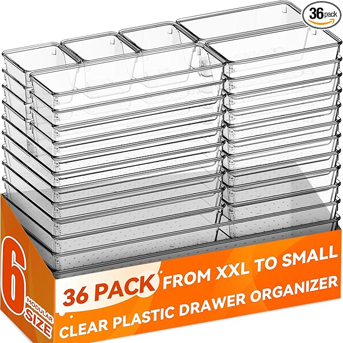 36 Pack Large Clear Plastic Drawer Organizer Bins